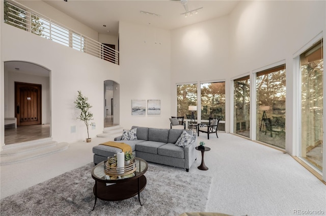 carpeted living room with a towering ceiling