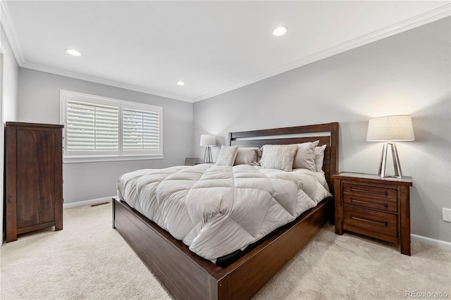 bedroom featuring recessed lighting, light colored carpet, crown molding, and baseboards