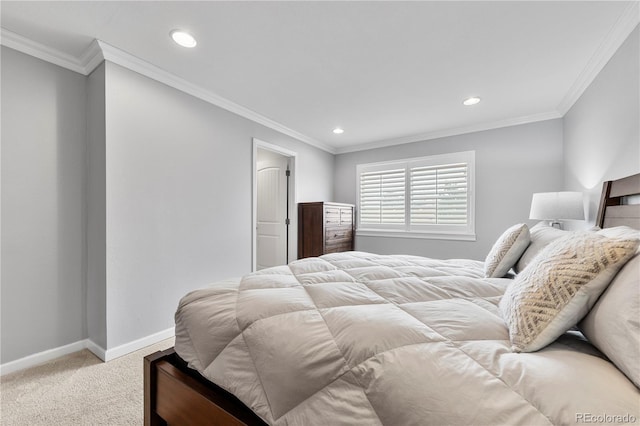 carpeted bedroom with ornamental molding, recessed lighting, and baseboards