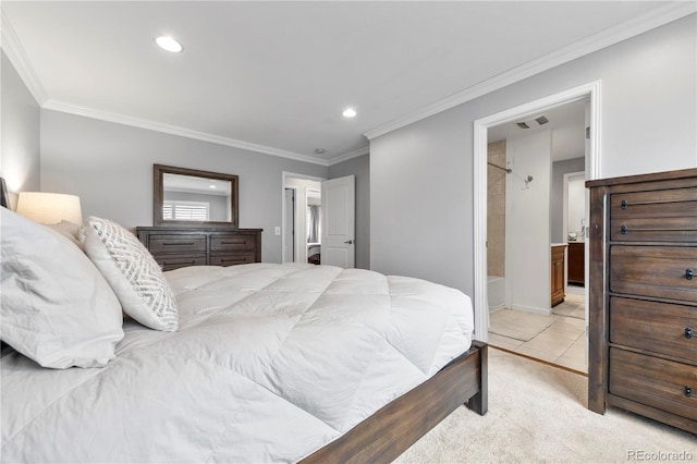 bedroom with light carpet, connected bathroom, crown molding, and recessed lighting