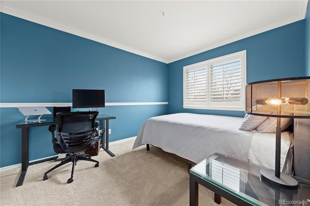 carpeted bedroom featuring ornamental molding and baseboards