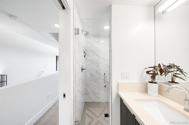 3658 Quivas St, Denver, CO 80211 - full bathroom with a shower stall, vanity, baseboards, and recessed lighting