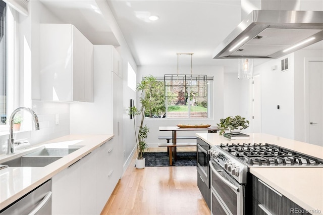 3658 Quivas St, Denver, CO 80211 - kitchen featuring stainless steel appliances, wall chimney range hood, a sink, modern cabinets, and light wood finished floors