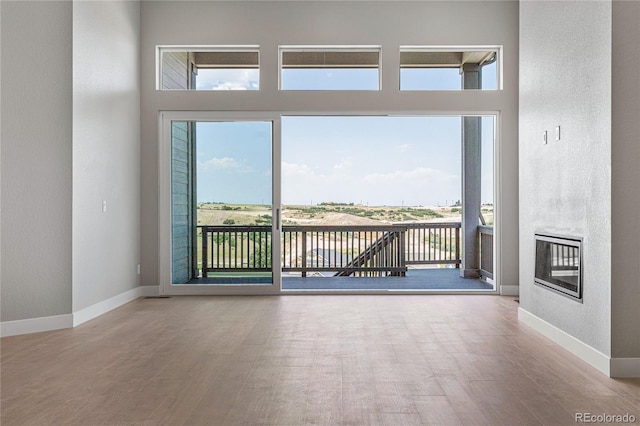 unfurnished room featuring light hardwood / wood-style flooring and a high ceiling