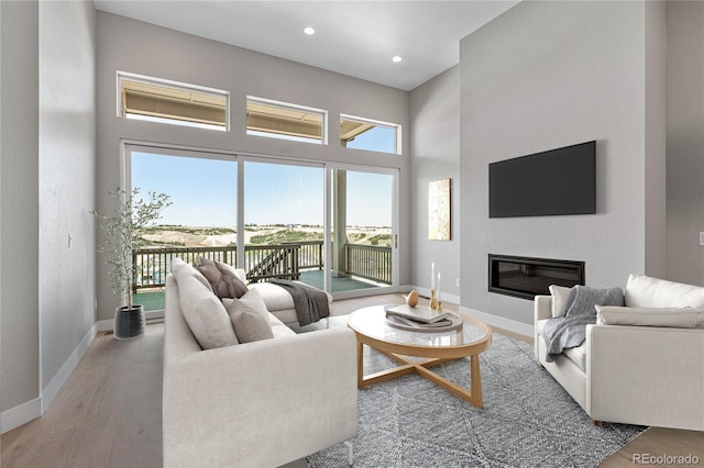 living room with wood-type flooring and a high ceiling