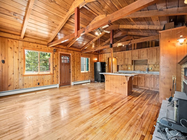 48 Warren Rd, Black Hawk, CO 80422 - kitchen with a baseboard heating unit, freestanding refrigerator, and wooden ceiling