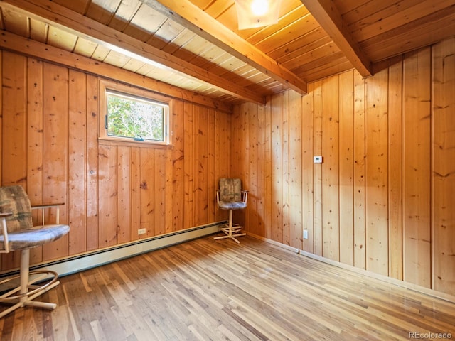 48 Warren Rd, Black Hawk, CO 80422 - unfurnished room featuring wood ceiling, wood finished floors, beam ceiling, wood walls, and baseboard heating