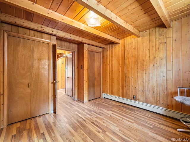 48 Warren Rd, Black Hawk, CO 80422 - unfurnished bedroom with wood walls, hardwood / wood-style floors, beam ceiling, wooden ceiling, and baseboard heating