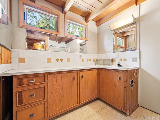 48 Warren Rd, Black Hawk, CO 80422 - kitchen featuring wooden ceiling, light floors, a healthy amount of sunlight, and beam ceiling