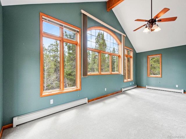 48 Warren Rd, Black Hawk, CO 80422 - spare room featuring a baseboard radiator, baseboard heating, a wealth of natural light, carpet flooring, and beam ceiling