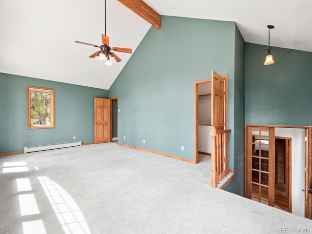 48 Warren Rd, Black Hawk, CO 80422 - interior space featuring a ceiling fan, carpet, a baseboard heating unit, high vaulted ceiling, and beam ceiling