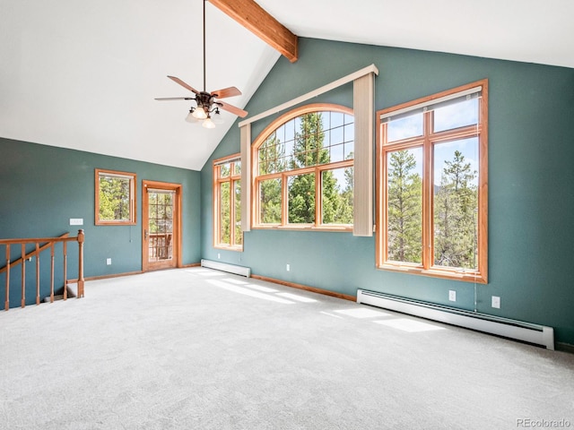 48 Warren Rd, Black Hawk, CO 80422 - unfurnished room with a ceiling fan, beamed ceiling, baseboard heating, and high vaulted ceiling