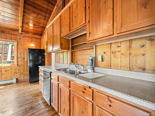 48 Warren Rd, Black Hawk, CO 80422 - kitchen featuring wood ceiling, a sink, freestanding refrigerator, dishwasher, and lofted ceiling