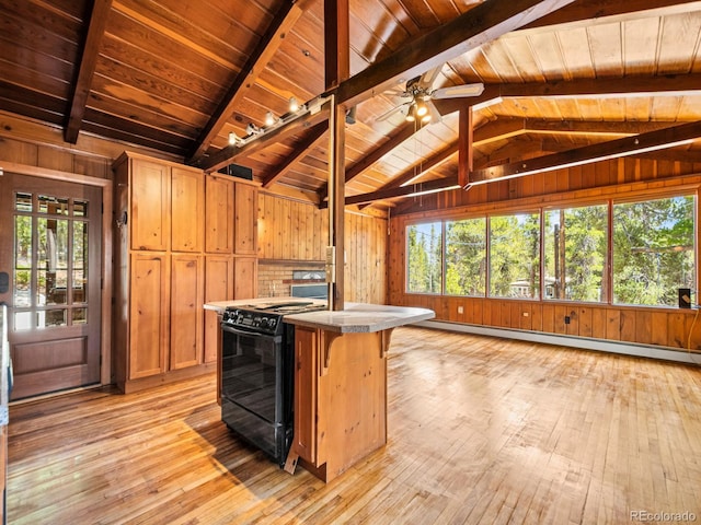 48 Warren Rd, Black Hawk, CO 80422 - kitchen with light wood-style flooring, wooden ceiling, black range, wood walls, and lofted ceiling with beams