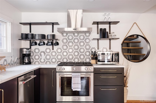 kitchen with hardwood / wood-style floors, exhaust hood, appliances with stainless steel finishes, tasteful backsplash, and dark brown cabinetry