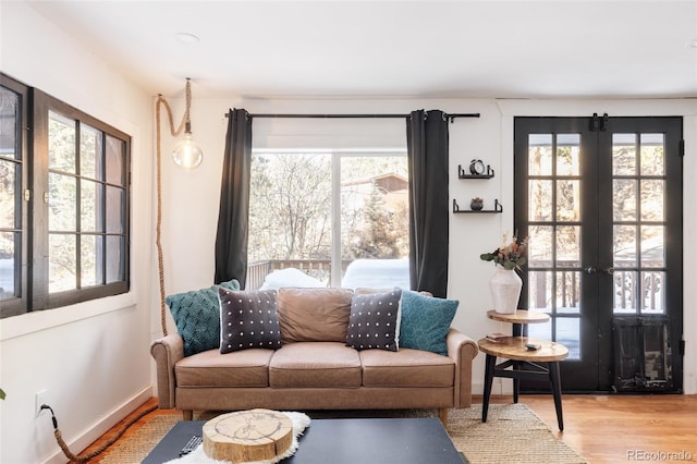 living room featuring french doors, hardwood / wood-style flooring, and a healthy amount of sunlight