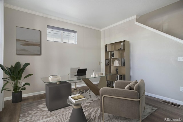 office with crown molding and dark wood-type flooring