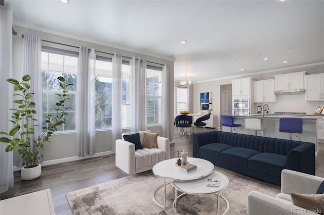 living room with ornamental molding, sink, a wealth of natural light, and light hardwood / wood-style floors