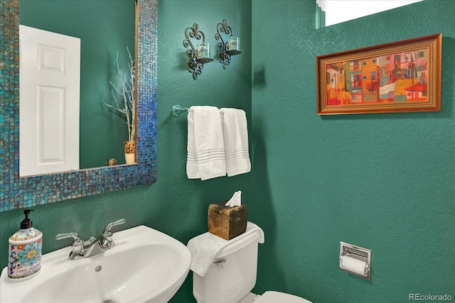 bathroom featuring toilet, a textured wall, and a sink