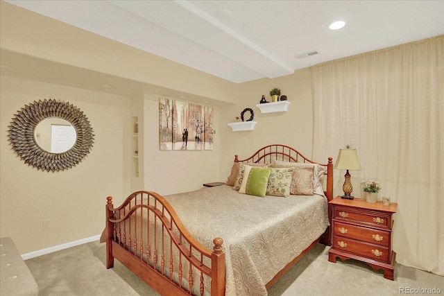 carpeted bedroom with visible vents, recessed lighting, and baseboards