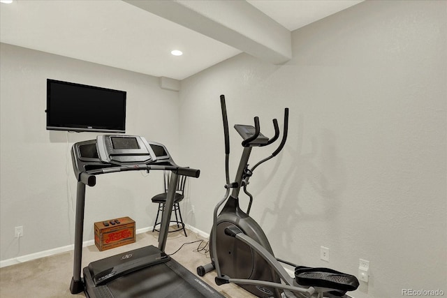 workout room with recessed lighting, baseboards, and carpet floors