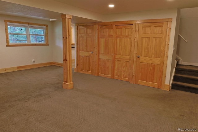 5237 S Olive Rd, Evergreen, CO 80439 - basement featuring carpet floors, stairway, recessed lighting, and baseboards