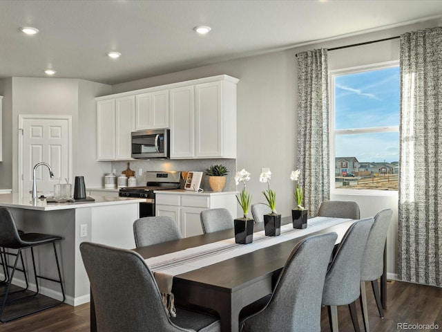 dining room with sink and dark hardwood / wood-style flooring