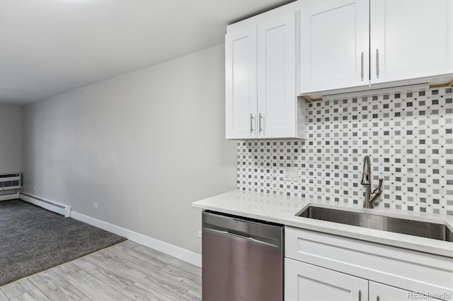 695 S Alton Way Unit 5A, Denver, CO 80247 - kitchen featuring stainless steel dishwasher, baseboard heating, light countertops, white cabinets, and decorative backsplash