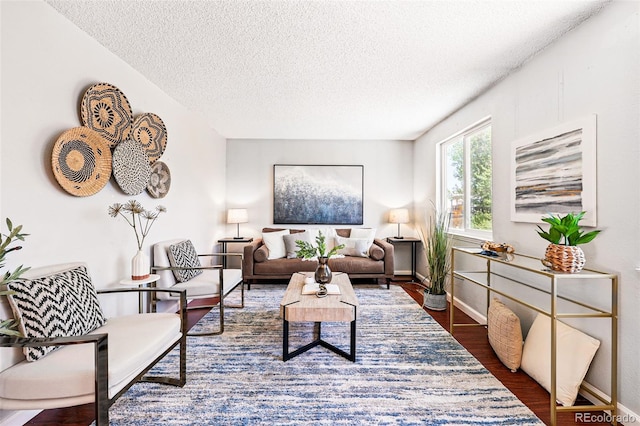 5202 Dillon St, Denver, CO 80239 - living room featuring a textured ceiling, wood finished floors, and baseboards