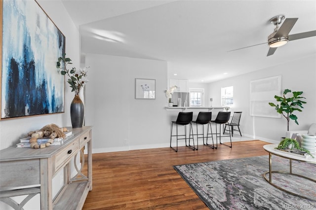 living room featuring ceiling fan and wood-type flooring