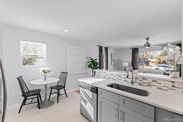 kitchen featuring gray cabinets, ceiling fan, sink, stainless steel dishwasher, and backsplash