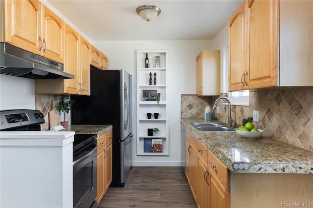 kitchen with sink, stainless steel range with electric cooktop, decorative backsplash, dark wood-type flooring, and light brown cabinets