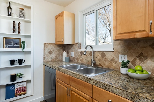 kitchen with tasteful backsplash, black dishwasher, and sink