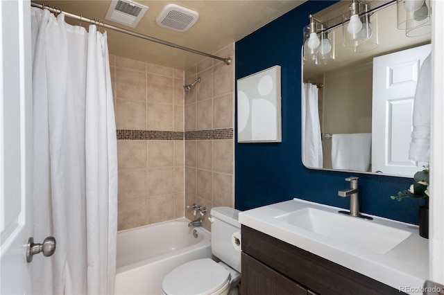 full bathroom with vanity, toilet, and shower / bathtub combination with curtain