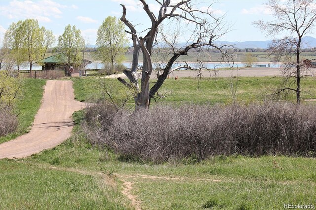 view of yard with a water and mountain view