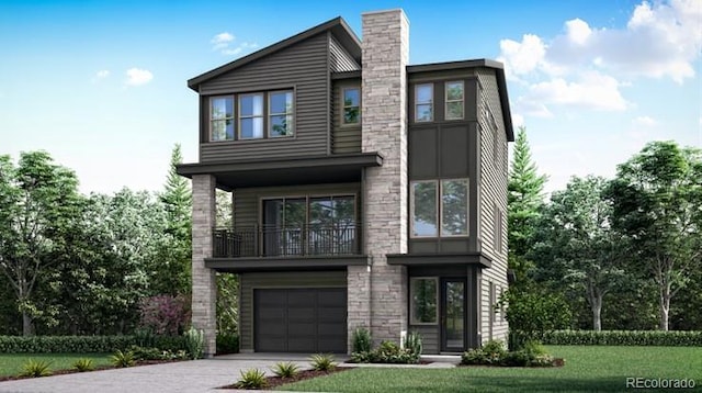 16123 W Dequesne Dr, Morrison, CO 80465 - contemporary house with a balcony, driveway, stone siding, a garage, and a front yard