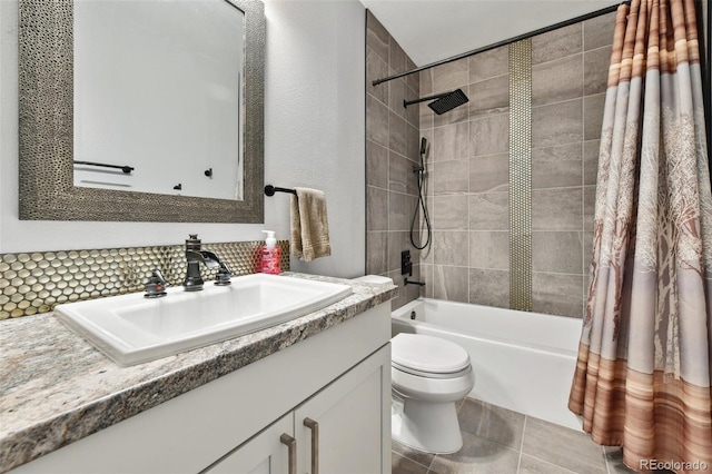 full bathroom featuring vanity, shower / bath combination with curtain, tile patterned flooring, decorative backsplash, and toilet