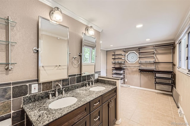 6259 S Fenton Ct, Littleton, CO 80123 - full bathroom with ornamental molding, double vanity, tile patterned flooring, and recessed lighting