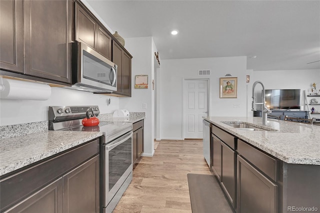 kitchen featuring dark brown cabinetry, visible vents, a sink, light wood finished floors, and stainless steel appliances