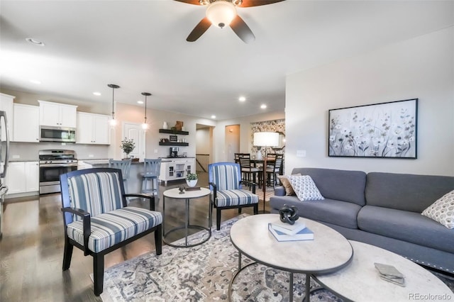 3326 Daydreamer Dr, Colorado Springs, CO 80908 - living area featuring ceiling fan, recessed lighting, and dark wood finished floors