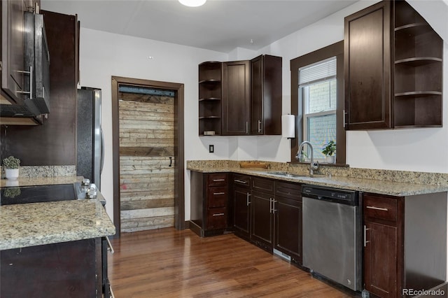 4432 Columbine St, Denver, CO 80216 - kitchen featuring open shelves, stainless steel dishwasher, dark wood-style floors, dark brown cabinets, and light stone countertops