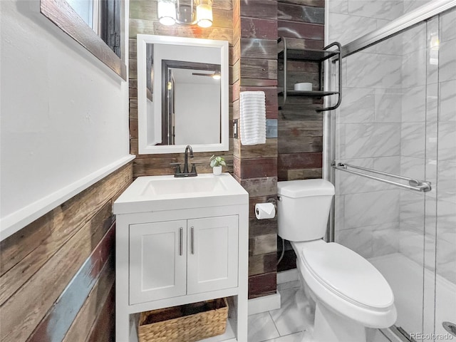 4432 Columbine St, Denver, CO 80216 - full bath with vanity, a stall shower, tile walls, and marble look tile flooring
