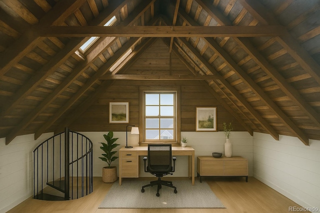 4432 Columbine St, Denver, CO 80216 - unfurnished office featuring light wood-style flooring and wooden ceiling