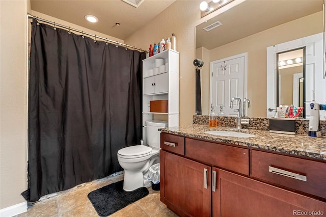 full bathroom featuring toilet, visible vents, curtained shower, tile patterned flooring, and vanity