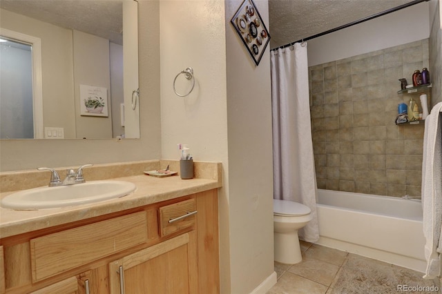 full bathroom with toilet, a textured ceiling, vanity, shower / bathtub combination with curtain, and tile patterned flooring