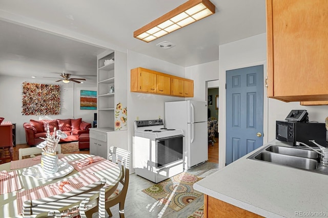 kitchen with sink, white appliances, light hardwood / wood-style floors, and ceiling fan