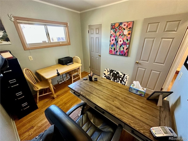 office with ornamental molding and light wood-style flooring