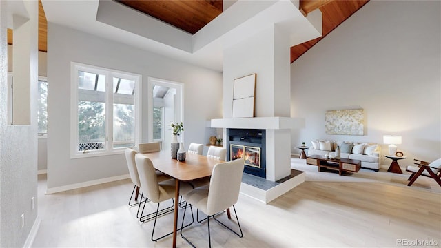 dining room with a glass covered fireplace, light wood-type flooring, a raised ceiling, and baseboards