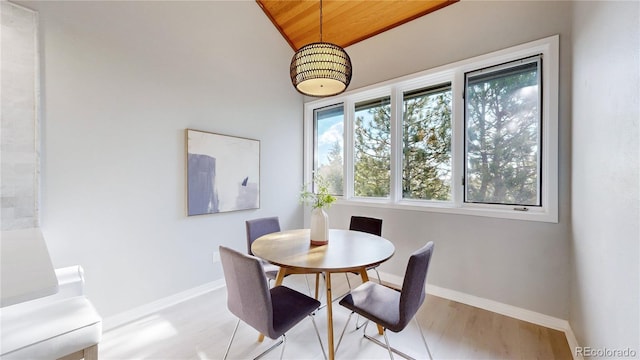 dining room featuring baseboards, wood finished floors, wood ceiling, and vaulted ceiling