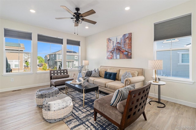 1953 Morgan Dr, Erie, CO 80516 - living room featuring wood finished floors, baseboards, ceiling fan, and recessed lighting